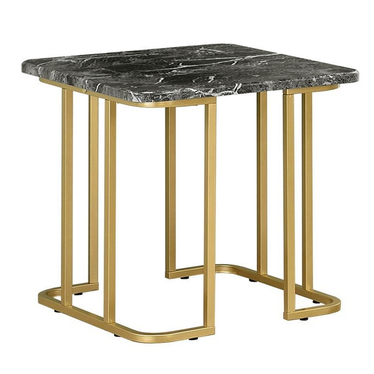 Saltoro Sherpi Hume 24 Inch Side End Table, Black Faux Marble, Geometric Gold Steel Base -